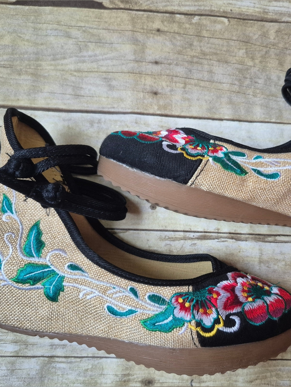 Black Embroidered Floral Ankle-Tie Wedges - Picture 9 of 14